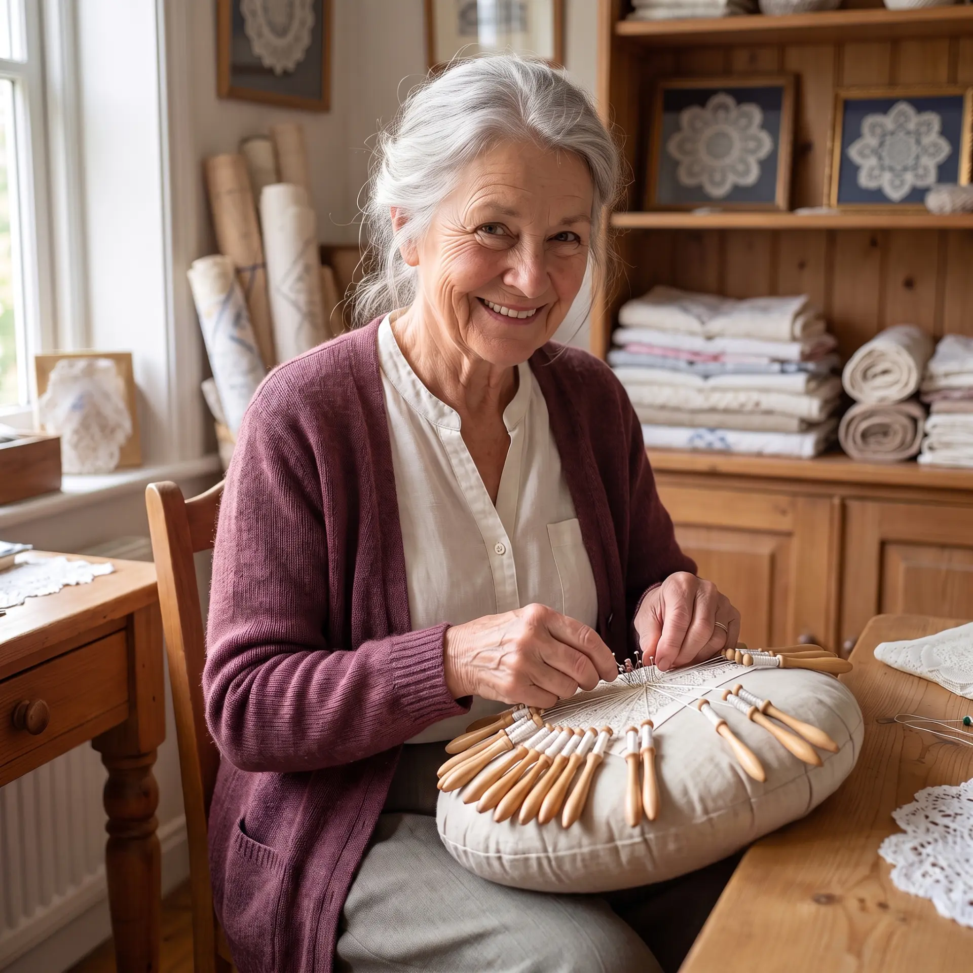 Margaret Whitmore, founder of Bobbin Lace Studio, working bobbin lace in a sunlit craft room