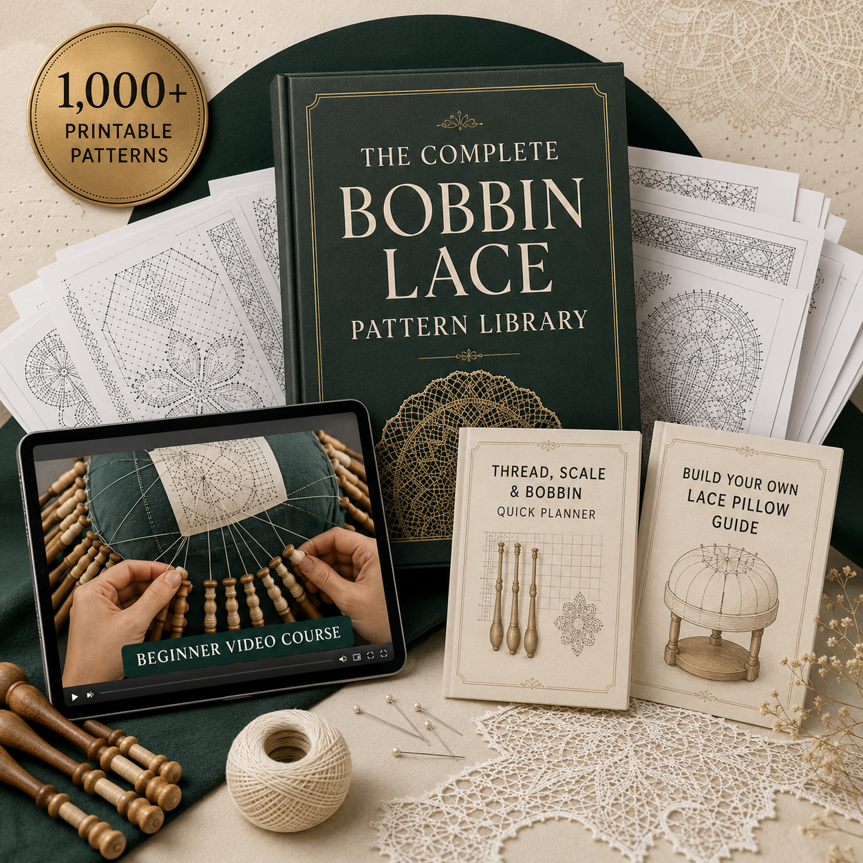 The Complete Bobbin Lace Pattern Library — book, video course on tablet, planner, pillow guide, bobbins, thread and lace