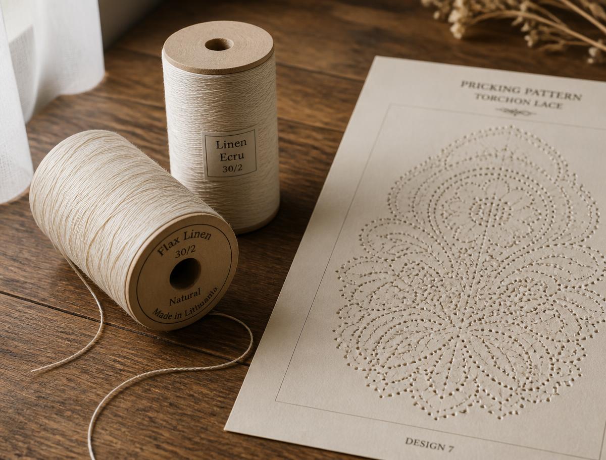 Spools of natural linen thread beside a printed pricking pattern sheet on a wooden table