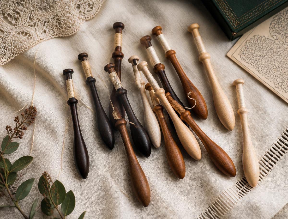 Turned wooden bobbins wound with linen thread, arranged on natural linen cloth
